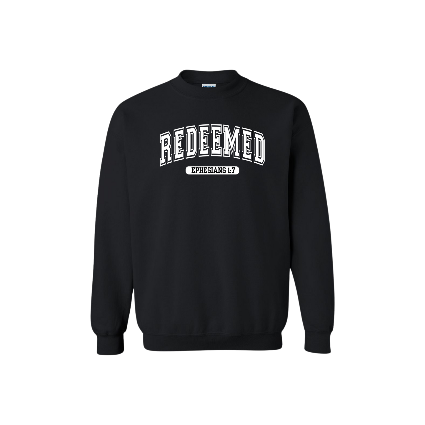 Black sweatshirt, sweatshirt, fall fashion, redeemed, Christian clothing, black shirt with white letters on front