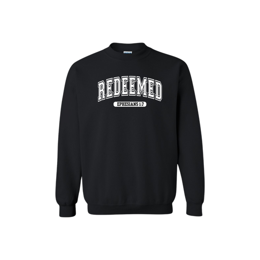 Black sweatshirt, sweatshirt, fall fashion, redeemed, Christian clothing, black shirt with white letters on front