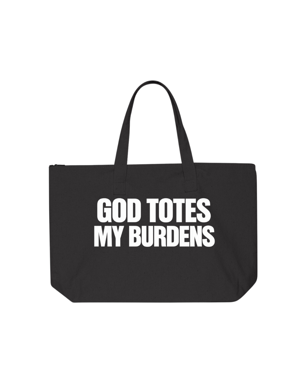 Large black 100% cotton canvas Christian faith tote bag with bold white block lettering that reads God Totes My Burdens. Zipper closure, interior pocket, and sturdy shoulder handles.