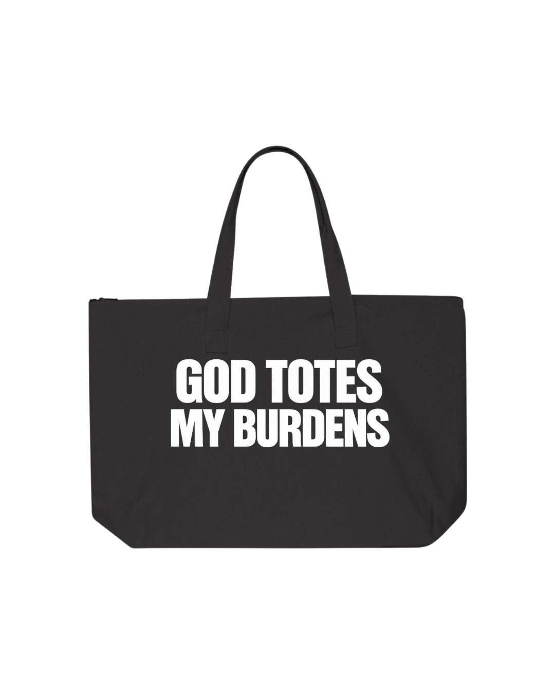 Large black 100% cotton canvas Christian faith tote bag with bold white block lettering that reads God Totes My Burdens. Zipper closure, interior pocket, and sturdy shoulder handles.