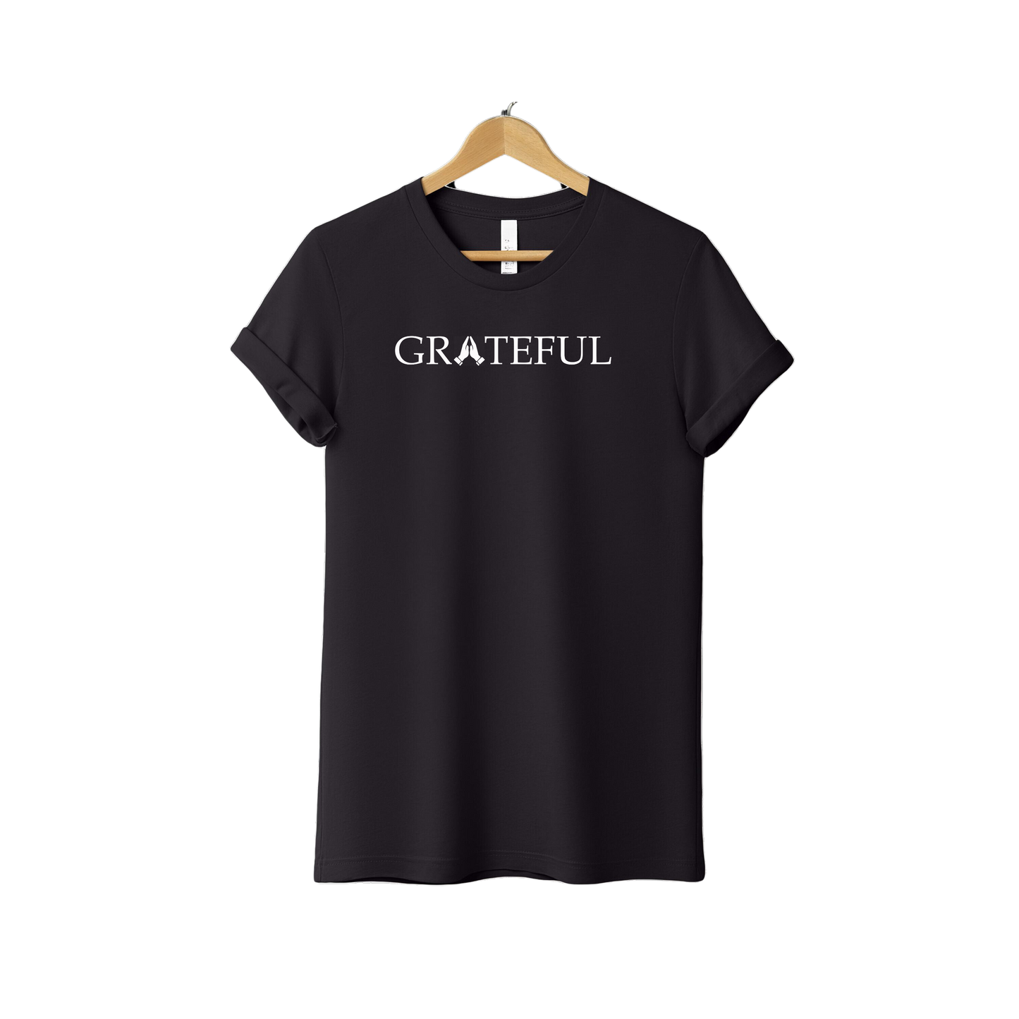Black Christian T-shirt with white “GRATEFUL” text featuring praying hands in the center, faith-based gratitude tee