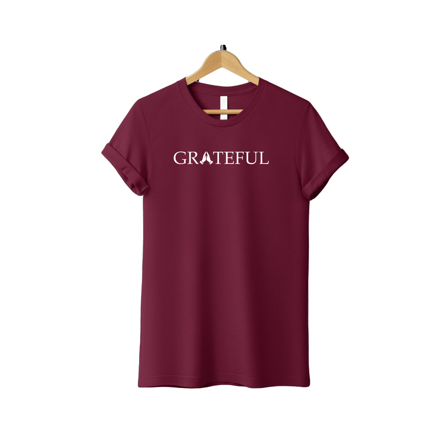 Maroon Christian T-shirt with white “GRATEFUL” text featuring praying hands in the center, faith-based gratitude tee