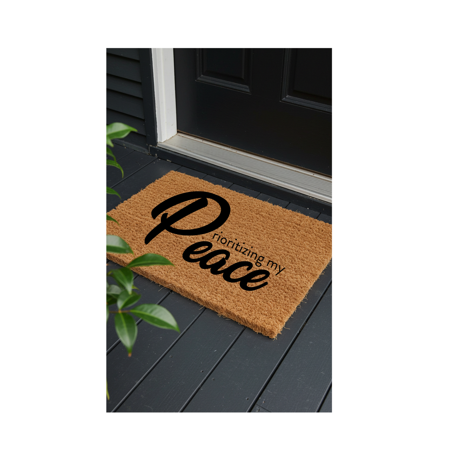 “Christian doormat with the phrase ‘Prioritizing My Peace’ in bold black lettering, natural coir texture, by The Redeemed Brand.”