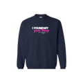 Navy blue crewneck sweatshirt with bold white and pink text that reads "I Found My Good Thing – Proverbs 18:22"; Christian sweatshirt for men, perfect gift for husbands, boyfriends, or faith-based couples.
